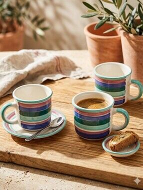 Pier 1 Handpainted Striped Mugs Made in Italy Set of 3 Vintage